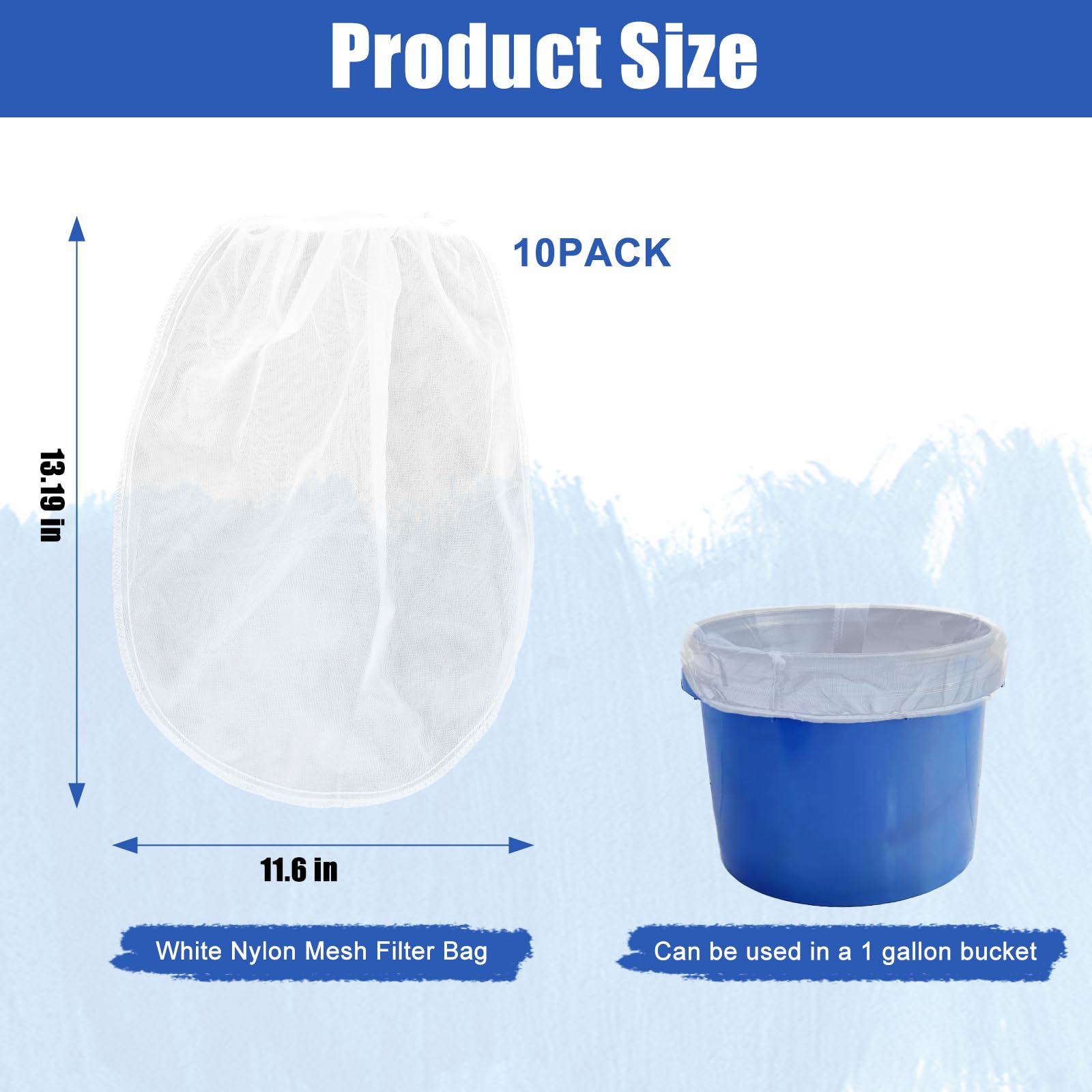 Paint Strainer Bag, 1 Gallon Paint Filter Strainer with Elastic Drawstring, Nylon Mesh Filter White Fine Mesh Bag for Paint Gardening, 10 Pack