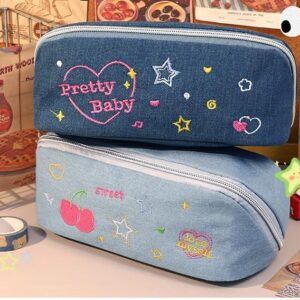 UNMULFC Large Pencil Pouch for Adult for Women Denim Cherry Star Heart-shaped Y2K Kawaii Cute Aesthetic Case Box holder Estuche para lapices Organizer Mini Makeup Bag (light blue)