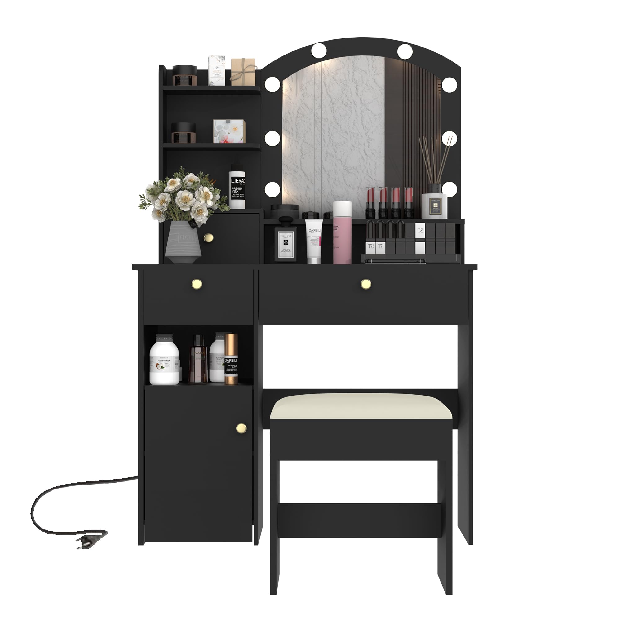 MISHAO Vanity Desk Set w/Mirror & Lights, Power Outlet, Makeup Vanity Table w/Stool, Storage Drawers & Open Shelves, 3 Color Modes & Adjustable Brightness Dressing Table for Bedroom, Black