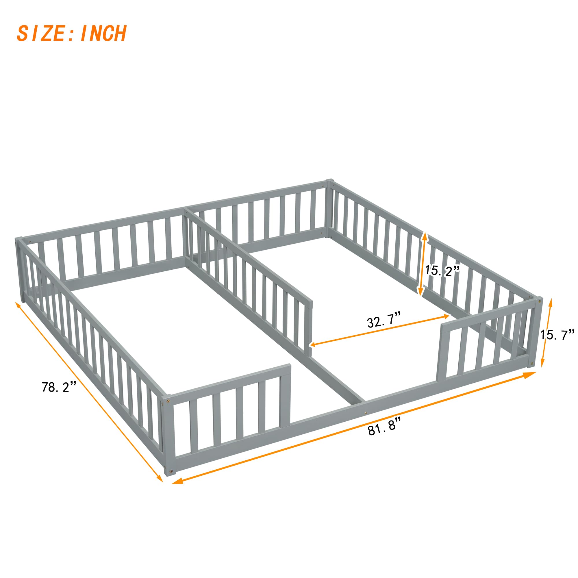 Luckiofvonne Floor Bed for 2 Kids, Montessori Bed Frame with Fence Railings, Wooden Double Twin Bed for Two Boys Girls, Box Spring Needed, Gray