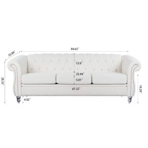 84" Chesterfield Sofa, Mid-Century Modern Velvet Upholstered Sofa, Deep Button Tufted Living Room Sofa with Roll Arms and Nailhead for Living Room, Bedroom, Office, Apartment (White)