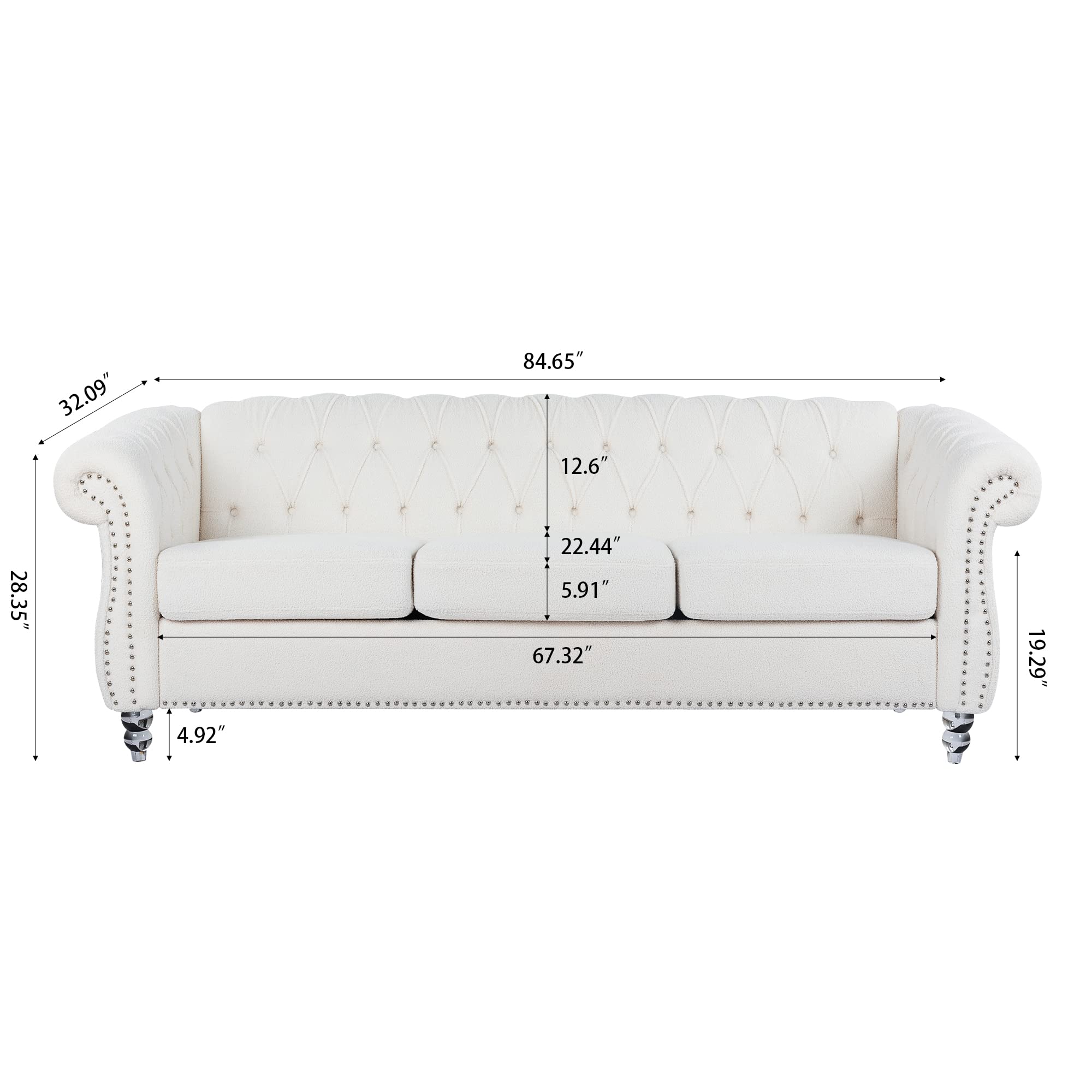 84" Chesterfield Sofa, Mid-Century Modern Velvet Upholstered Sofa, Deep Button Tufted Living Room Sofa with Roll Arms and Nailhead for Living Room, Bedroom, Office, Apartment (White)