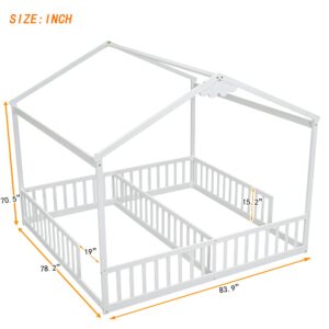 Luckiofvonne Double Twin Bed Frames for Kids, Twin House Bed for 2, Wood Montessori Floor Beds Frame with Fence Railings, Two Shared Beds for Boys Girls Teens, White