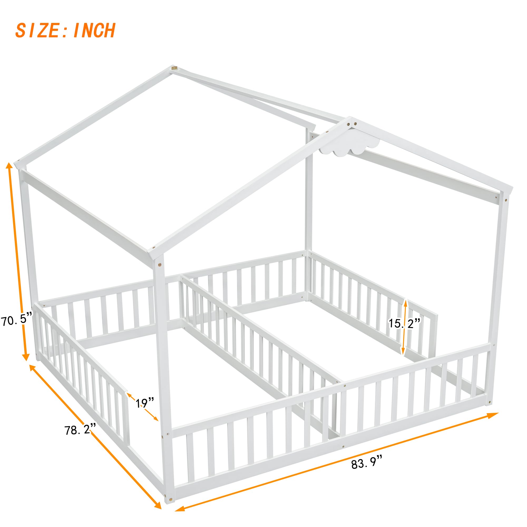 Luckiofvonne Double Twin Bed Frames for Kids, Twin House Bed for 2, Wood Montessori Floor Beds Frame with Fence Railings, Two Shared Beds for Boys Girls Teens, White