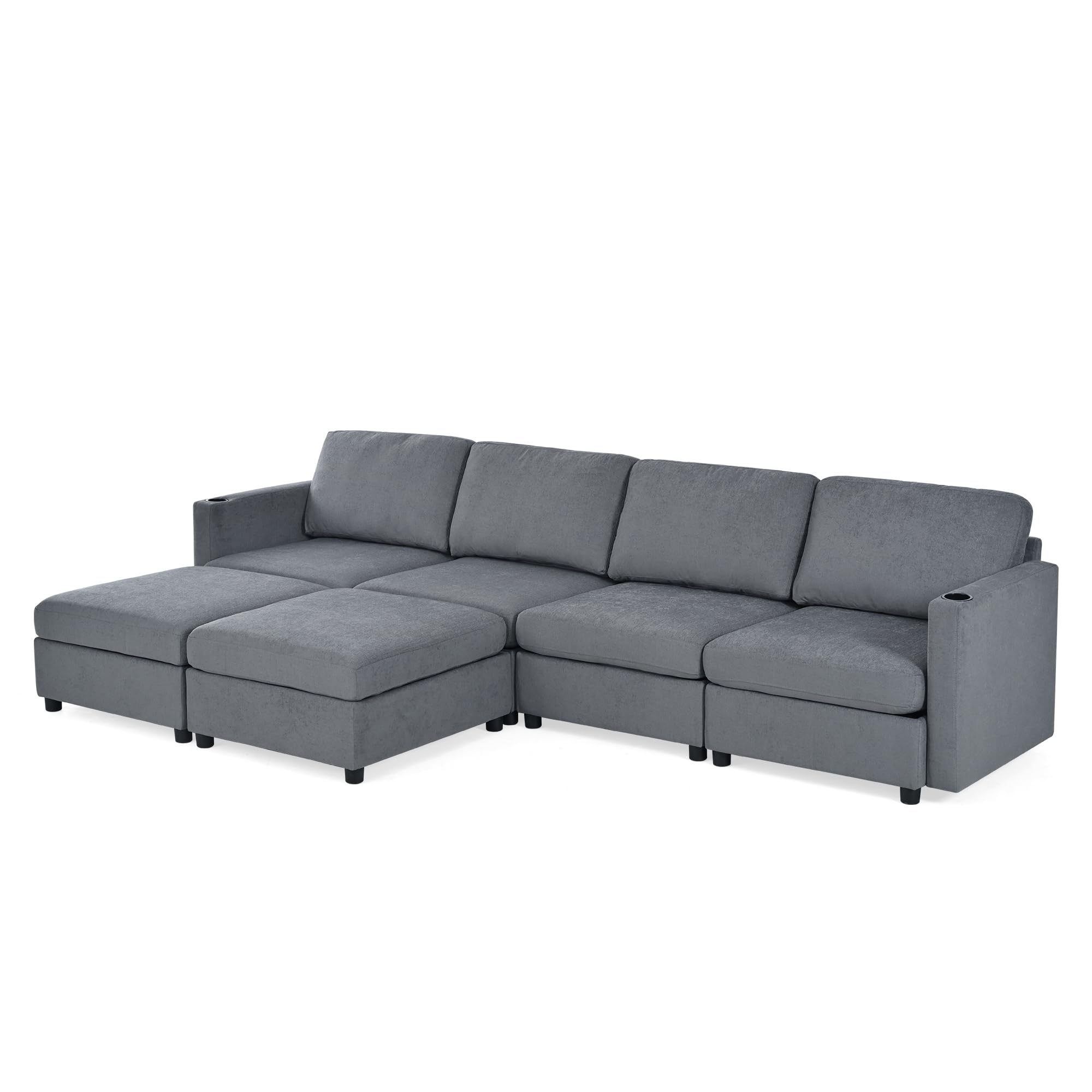 123.6" Oversized Chenille Upholstered Modular Storage Sectional Sofa Couch W/2 Movable Ottomans & Cupholders, U-Shaped Corner Free Combined Sofa&Couch Convertible Sleeper Sofabed for Living Room