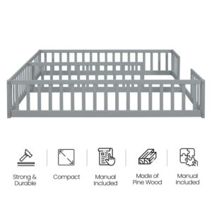 Luckiofvonne Floor Bed for 2 Kids, Montessori Bed Frame with Fence Railings, Wooden Double Twin Bed for Two Boys Girls, Box Spring Needed, Gray