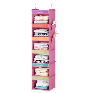 youdenova 6-shelf weekly hanging closet organizer, closet organizers with 2 side pockets, weekly clothes organizer for kids, pink