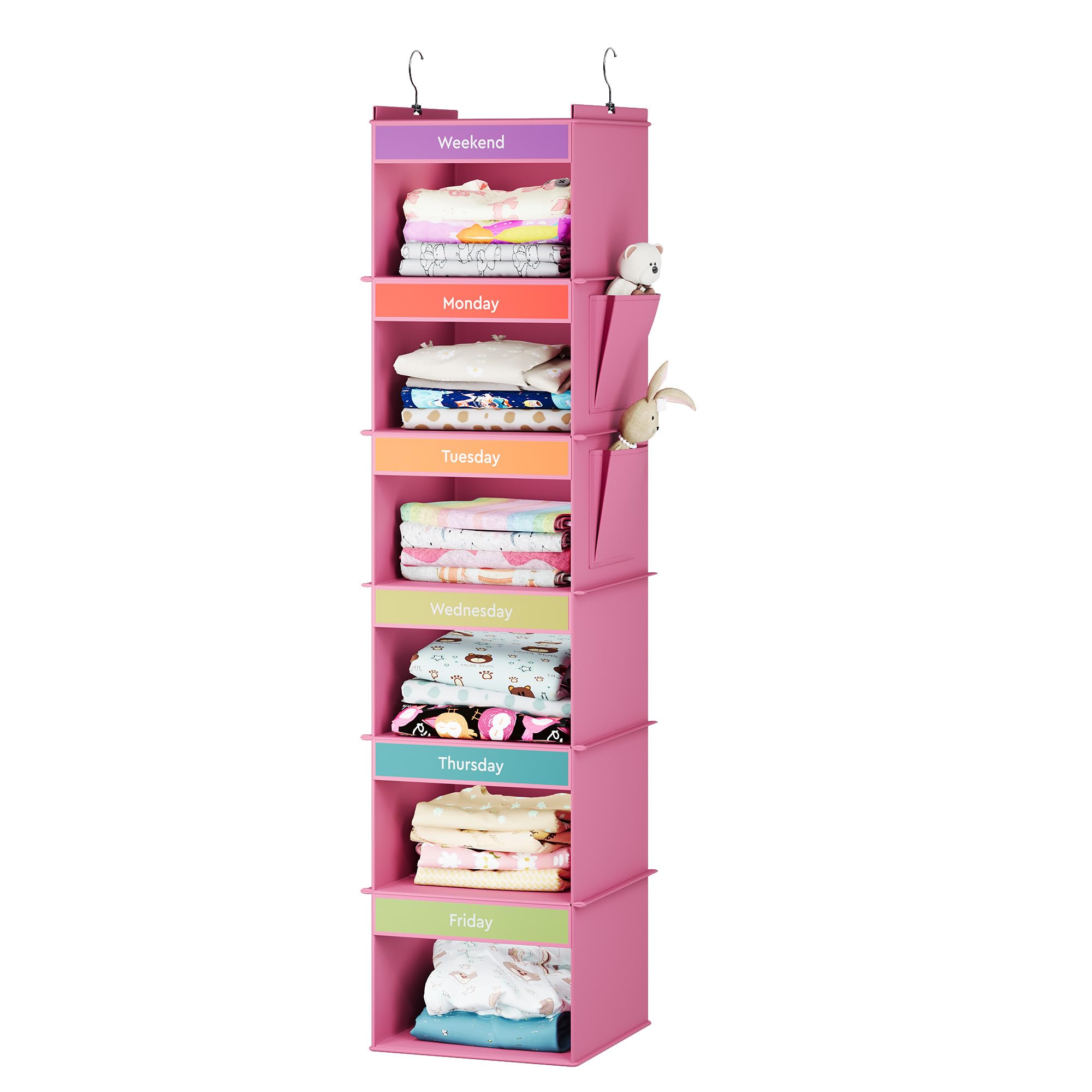 YOUDENOVA 6-Shelf Weekly Hanging Closet Organizer, Closet Organizers with 2 Side Pockets, Weekly Clothes Organizer for Kids, Pink