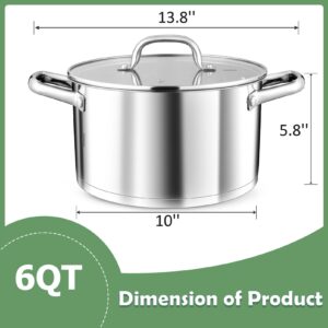 TeamFar 6QT Stainless Steel Stock Pot, Tri-ply Base Cooking Pasta Sauce Soup Pot with Glass Lid for Induction/Gas/Ceramic Stoves, Transparent Cover & Double Handles, Heavy Duty & Dishwasher Safe