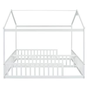 Luckiofvonne Double Twin Bed Frames for Kids, Twin House Bed for 2, Wood Montessori Floor Beds Frame with Fence Railings, Two Shared Beds for Boys Girls Teens, White