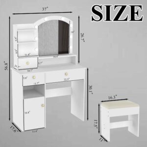 MISHAO Vanity Desk Set w/Mirror & Lights, 37" Makeup Vanity Table w/Chair & Power Outlet, Storage Drawers & Open Shelves, 3 Color Modes & Adjustable Brightness Dressing Table for Bedroom, White