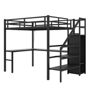 Linique Full Size Gaming Loft Bed with L-Shaped Desk, LED and Charging Station, Metal Loft Bed with Wardrobe and Adjustable Shelf for Kids Teens Adults, Black