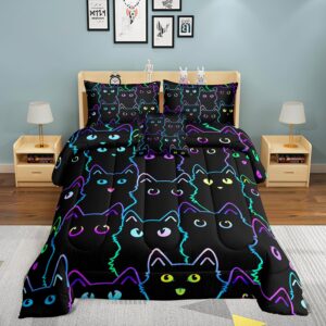 6 Piece Cat Comforter Set Queen Size Bed in A Bag set Cute Black Cat Bedding Set for Girls Boys Kids Teens (with 1 Comforter,1 Flat Sheet,1 Fitted Sheet,2 Pillowcases,1Cushion Cover)Cats 5001-6Pcs Q