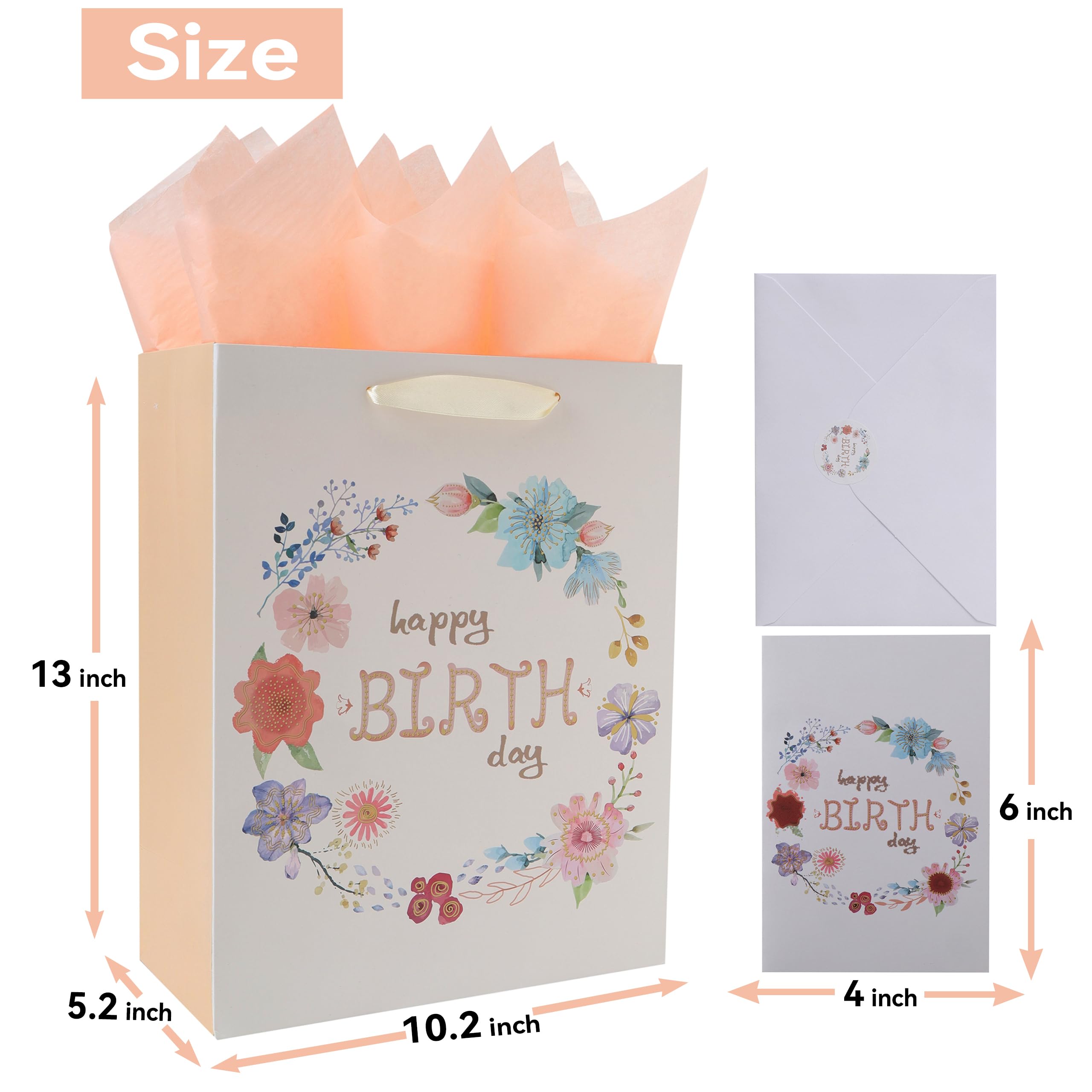 13" Large White Gift Bag Set with Greeting Card and Tissue Papers（Flowers and Happy Birthday）for Women's or Men's Birthday Party, Boys', Girls', or Kids' Parties, Baby Shower, Baby Boy or Girl - 10.2”x5.2”x13”, 1 Pcs.