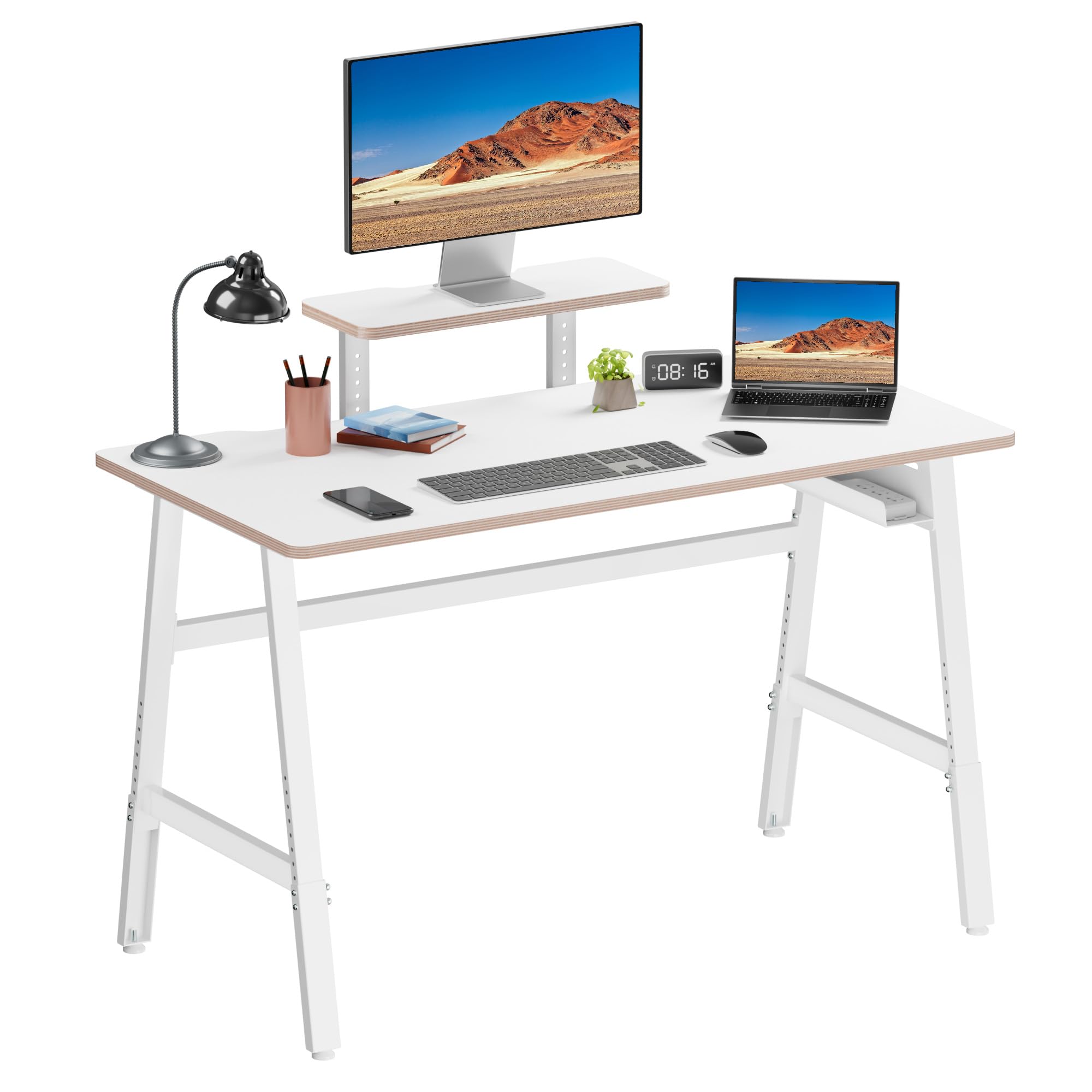 UPGRAVITY Height Adjustable Computer Desk - 47" Gaming Desk, Small Home Office Desk with Monitor Stand, Modern Simple Table Study Writing Work, Living Room Home Bedroom PC Table, Metal Frame, White