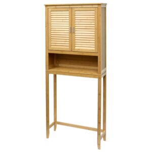 royalhouse bamboo over the toilet storage cabinet with bottom shelf, free standing storage cabinet, perfect bathroom space saver with double door organizer