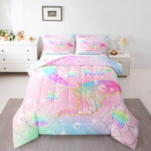 feelyou mermaid comforter set twin size for kids girls rainbow pink mermaid tail printed bedding set cute reversible stars quilt bed set sparkle mermaid fish scale bedroom glitter decor all season