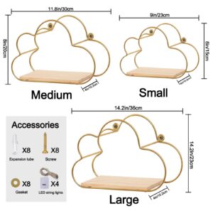 Niemro - Golden Cloud Shape Floating Shelves with LED Lights Wall Decor,Gold Metal Wire and Wood Base Wall Mounted Shelf Decorations for Home Bedroom Living Room - Set of 3