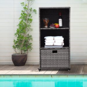 kinsunny pool towel valet rack - removable pool accessory storage organizer, waterproof pe rattan, 2 storage shelves,1 bottom drawer for pool hot tub spa