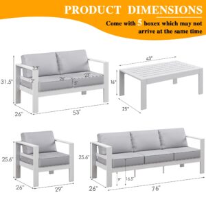 MU Aluminum Patio Furniture Set, 5 Pieces Modern Outdoor Sectional Sofa Couch with Upgrade Cushion and Coffee Table, Oversized Patio Conversation Set, White Frame and Light Grey Cushion