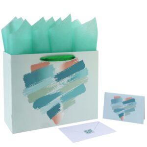 13" large mint green and peach gift bag set with greeting card and tissue papers (brushstroke heart design) for celebrating birthday party, mother's day, wedding, anniversary, bridal shower - 13”x5.2”x10.2”, 1 pcs.