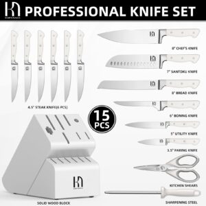 KnifeSaga Knife Block Set, 15 Pcs Kitchen Knife Set, Enduring Razor-Sharp Japanese High Carbon Stainless Steel Knife Set with Block, Premium Forged Knife Set for Kitchen and Professional Chefs, White