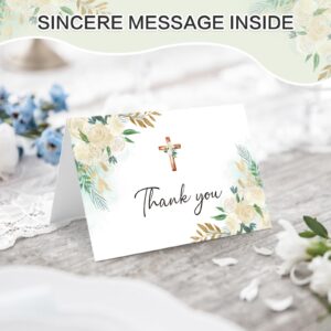 BYBOUS 25 Pack Thank You Cards with Envelope & Stickers, 4 * 6in Watercolor Cross Flower Blank Inside Thank You Card for Baptism, Wedding, Funeral, Bridal Shower, Baby Shower, Communion