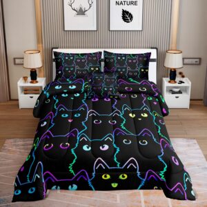 6 piece cat comforter set queen size bed in a bag set cute black cat bedding set for girls boys kids teens (with 1 comforter,1 flat sheet,1 fitted sheet,2 pillowcases,1cushion cover)cats 5001-6pcs q