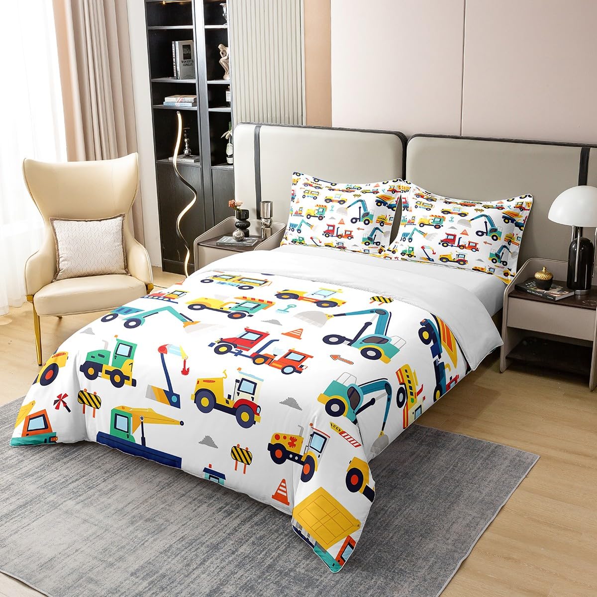 Cartoon Truck 100% Cotton Comforter Cover Queen Construction Vehicle Duvet Cover for Kids Boys Girls Transport Equipment Car Quilt Cover Bulldozer Crane Bedding Set with 2 Pillowcases