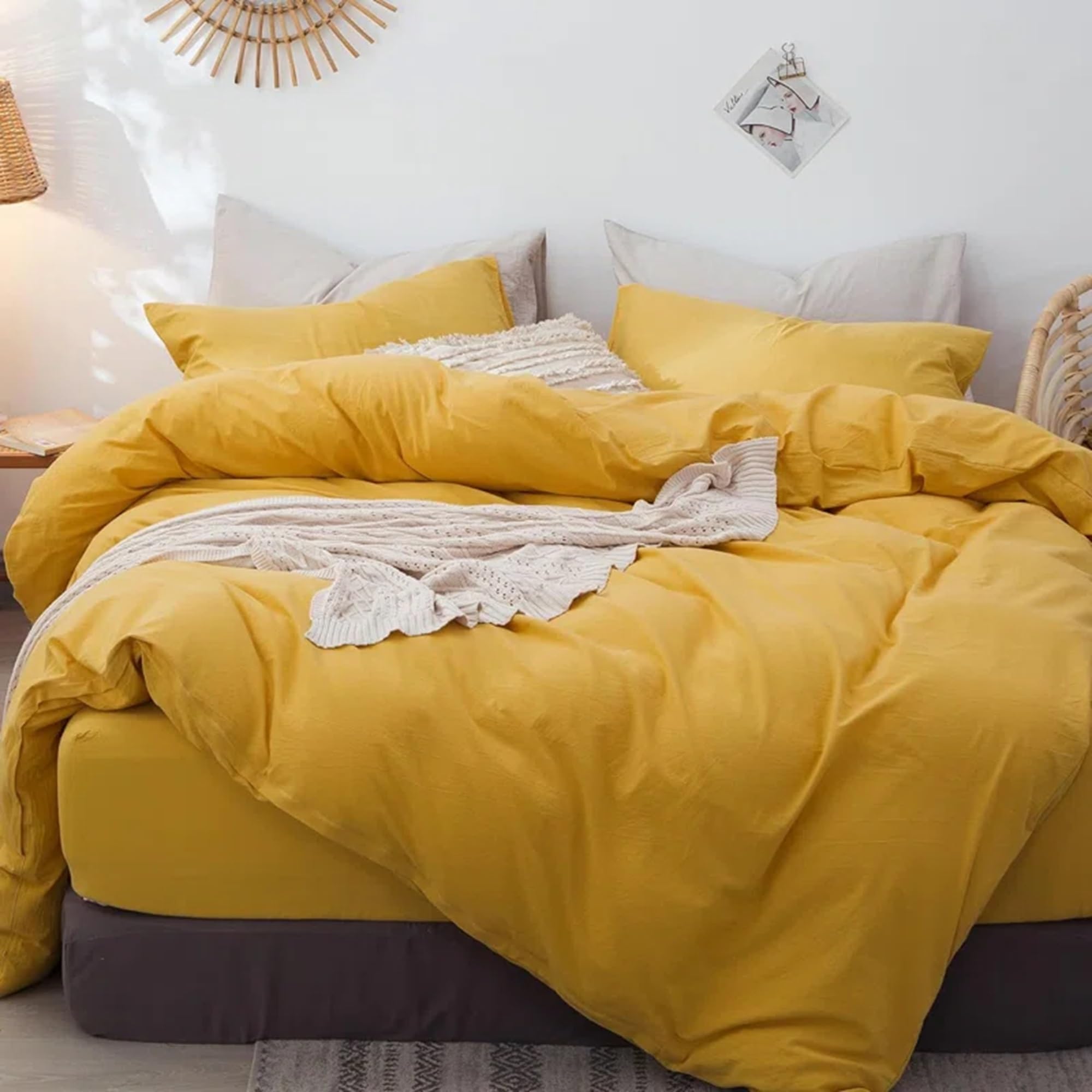 Generic Mustard Yellow Cotton 100% Duvet Cover Boho Duvet Cover Stonewashed Cotton Bedding Soft Cotton Queen King Cotton Bedding Euro Custom Cottonduvet Duvet Cover Set (Queen 90X90), BE-CR- 0005