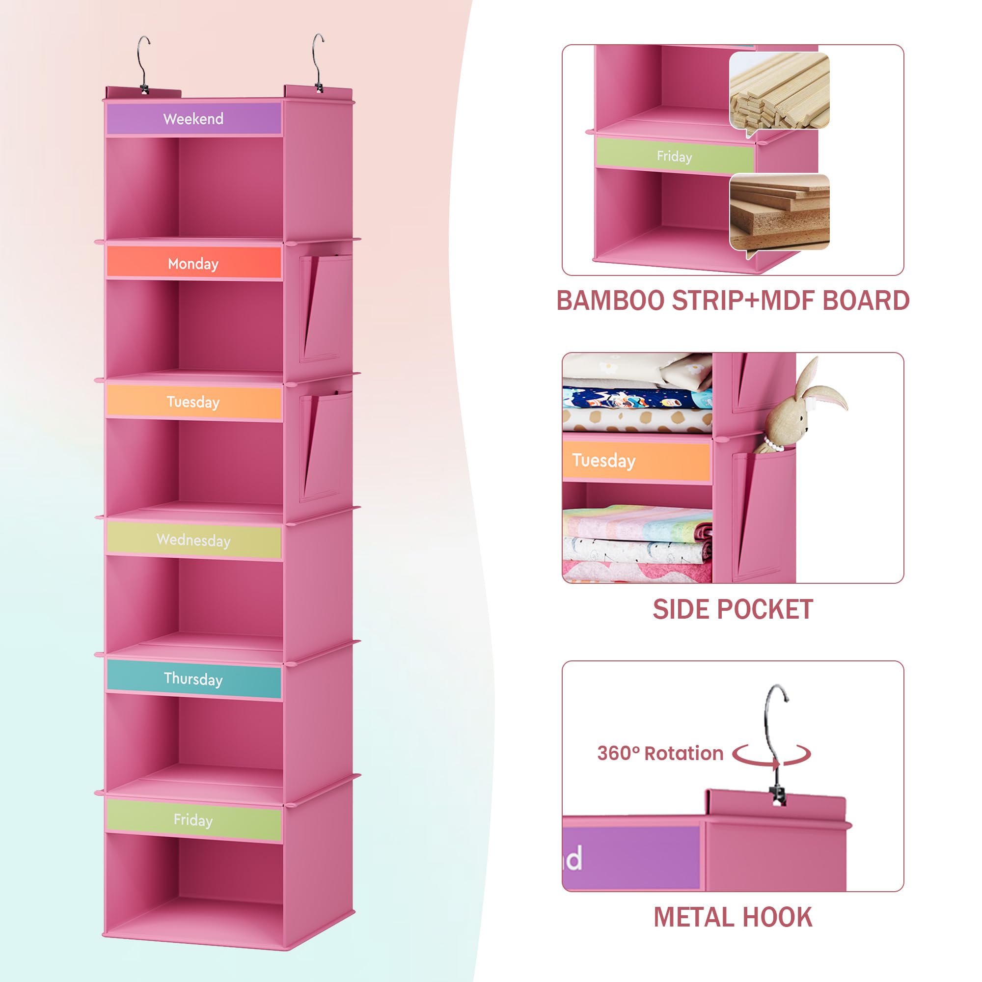 YOUDENOVA 6-Shelf Weekly Hanging Closet Organizer, Closet Organizers with 2 Side Pockets, Weekly Clothes Organizer for Kids, Pink