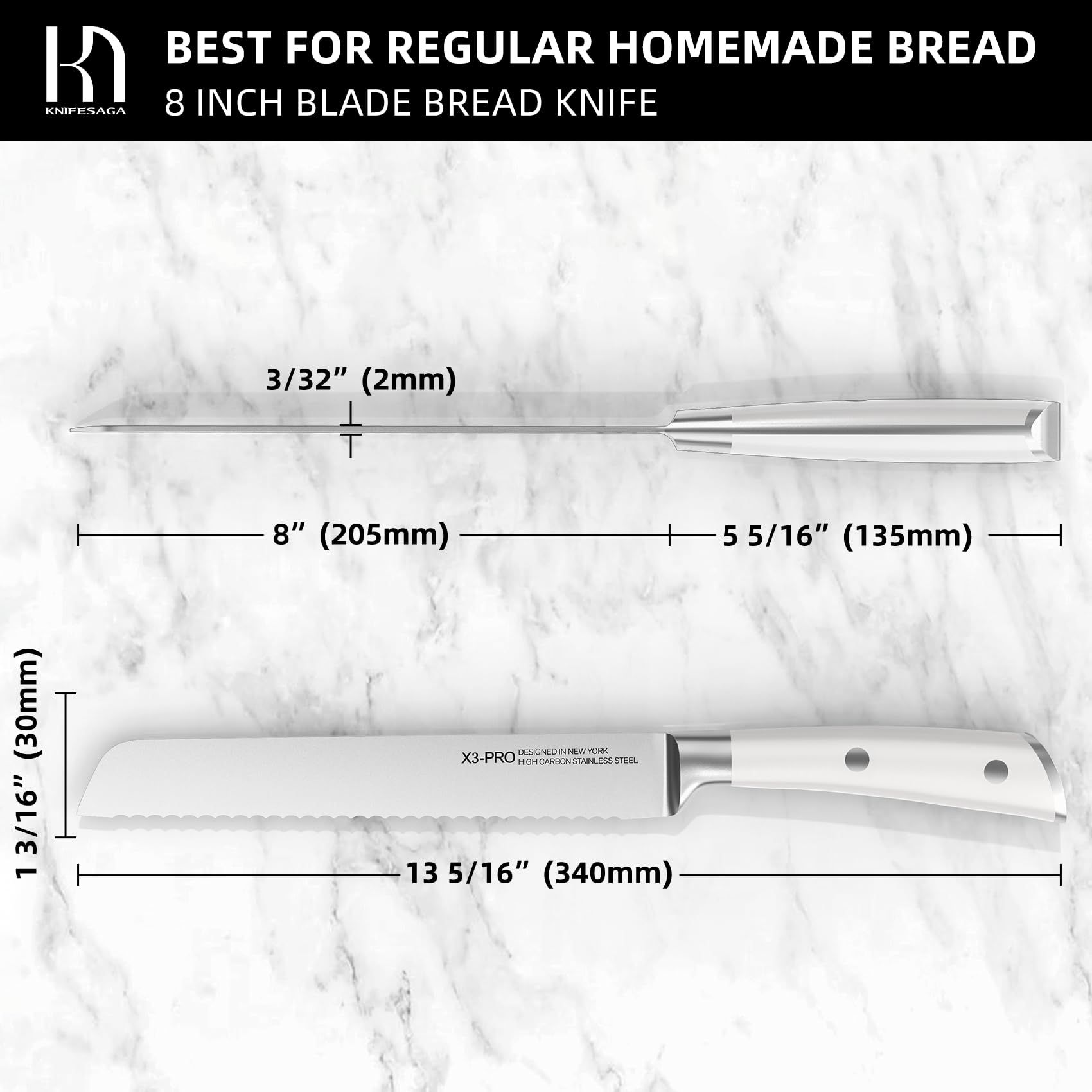 KnifeSaga Bread Knife for Homemade Bread 8 Inch, Japanese Serrated Sourdough Bread Slicing Knife Innovative High Carbon Stainless Steel, Razor Sharp Kitchen Bread Cutting Knife Ergonomic Handle, White