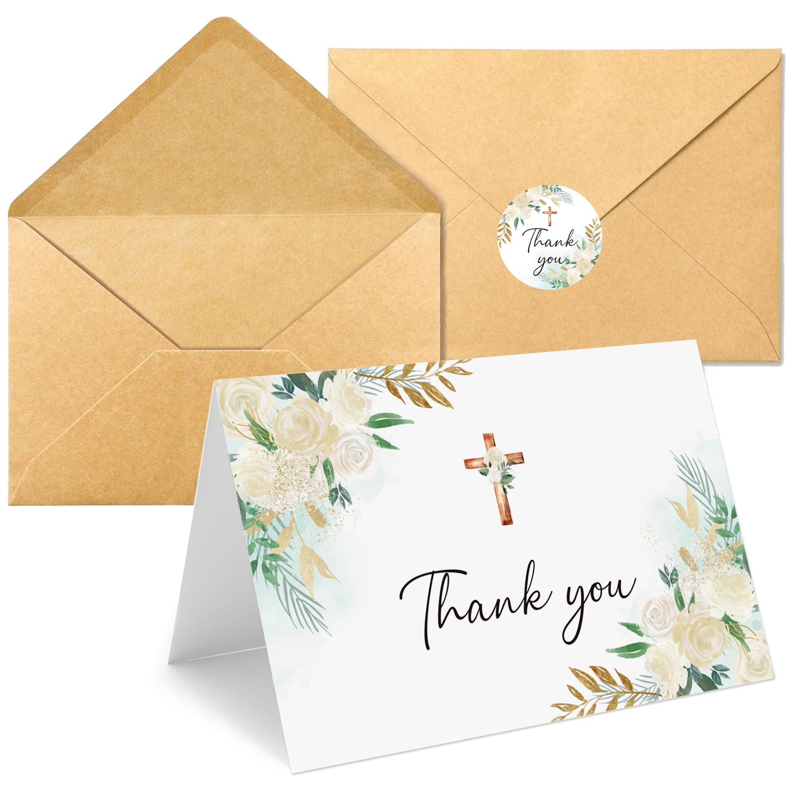 BYBOUS 25 Pack Thank You Cards with Envelope & Stickers, 4 * 6in Watercolor Cross Flower Blank Inside Thank You Card for Baptism, Wedding, Funeral, Bridal Shower, Baby Shower, Communion