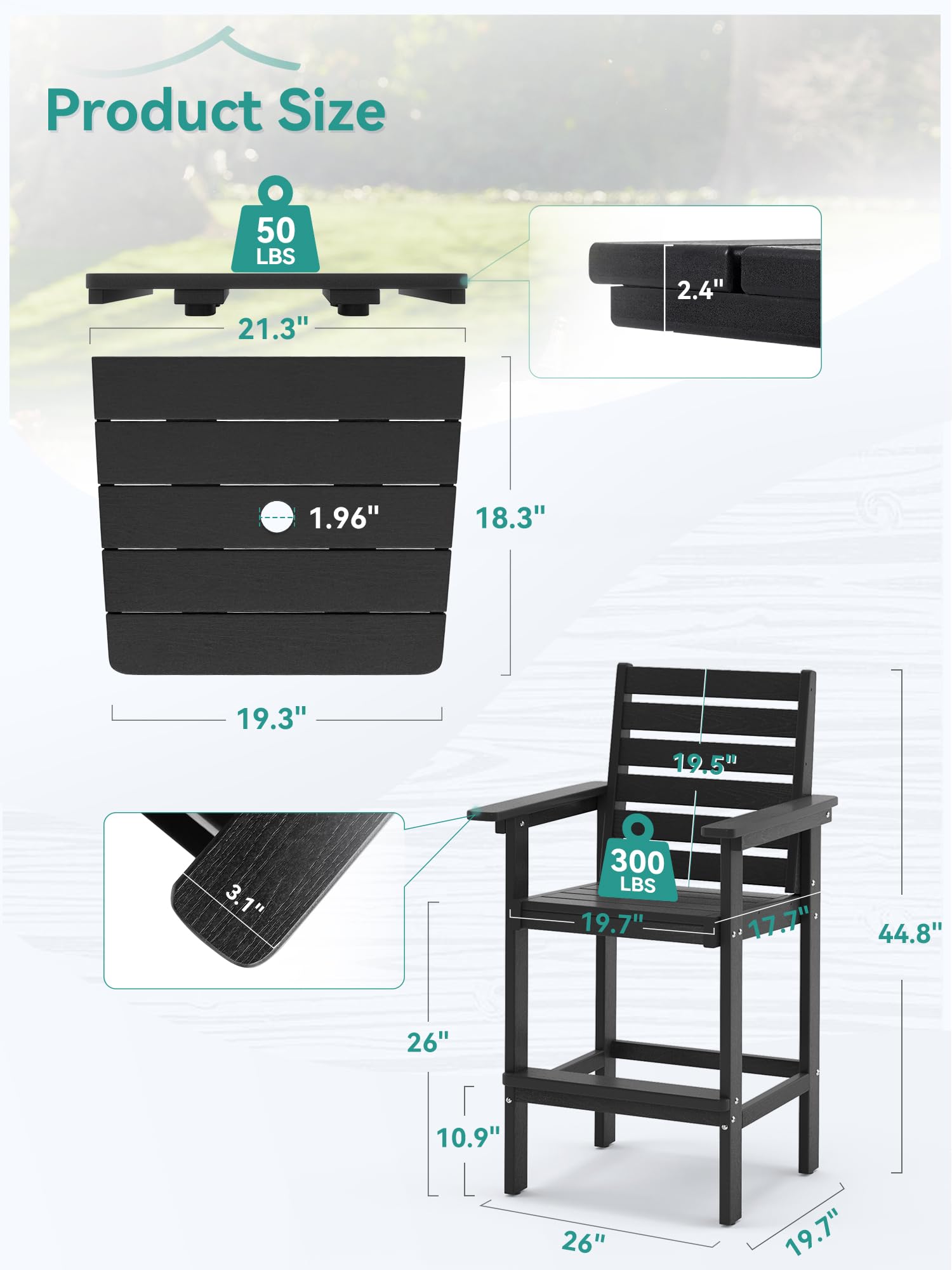 Homenjoy Tall Adirondack Chair Set of 2 with Connecting Tray, HDPE Weather Resistant Patio Bar Stools, Heavy Duty Bar Height Adirondack Chairs with Footrest, 26" H Balcony Chair for Deck,Black