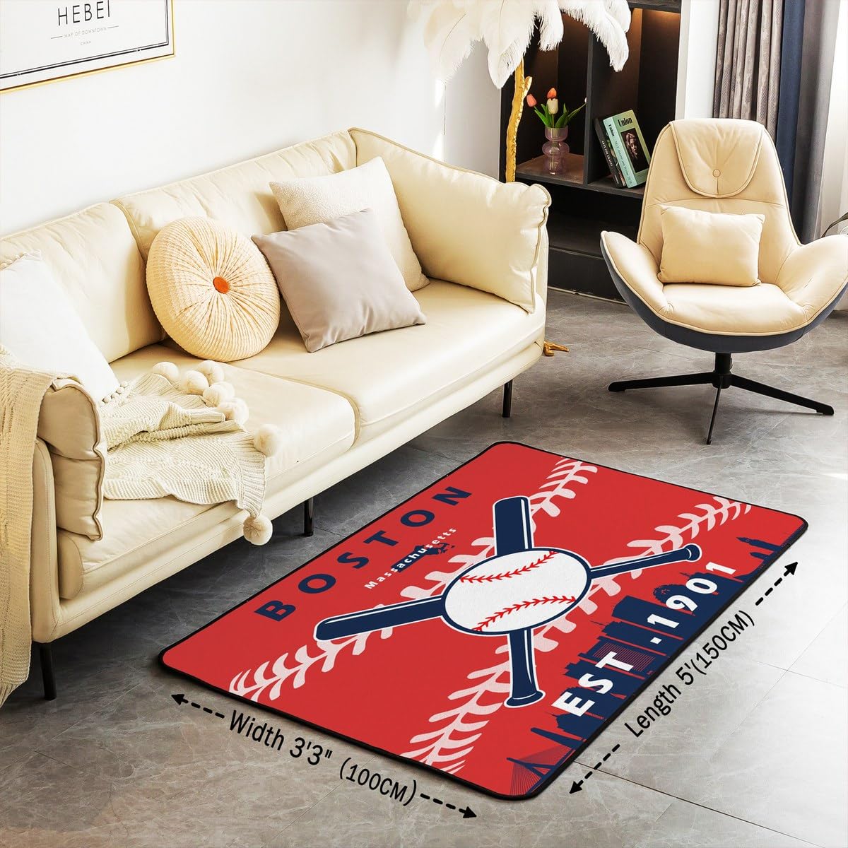 Erosebridal Baseball Area Rug for Boys,Kids Softball Rug 3x5,Red Black Baseball Player Living Room Rug,Sports Game Accent Rug Set for Bedside(Boston)