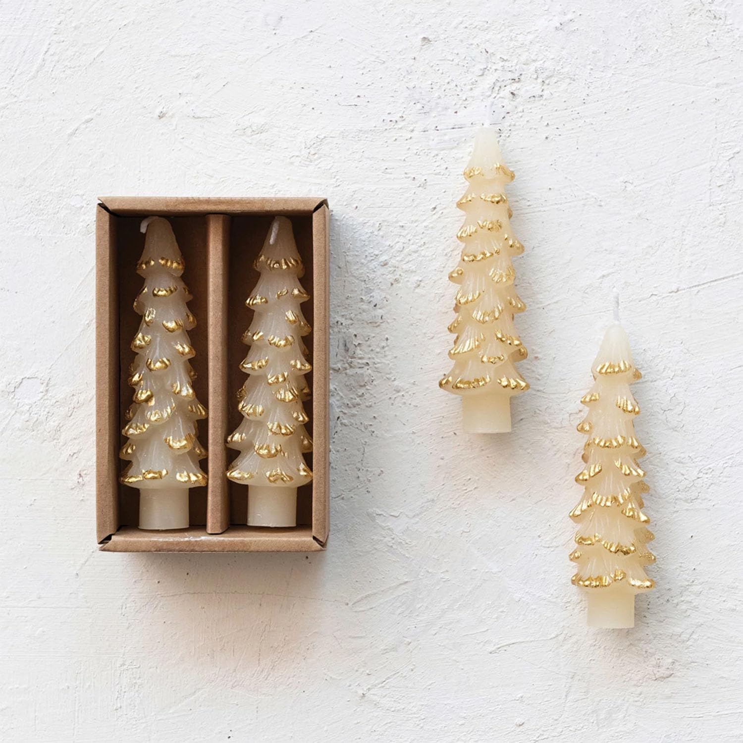 Unscented Tree Shaped Taper Candles w/ Gold Tips in Box, Eggnog Color, Set of 2