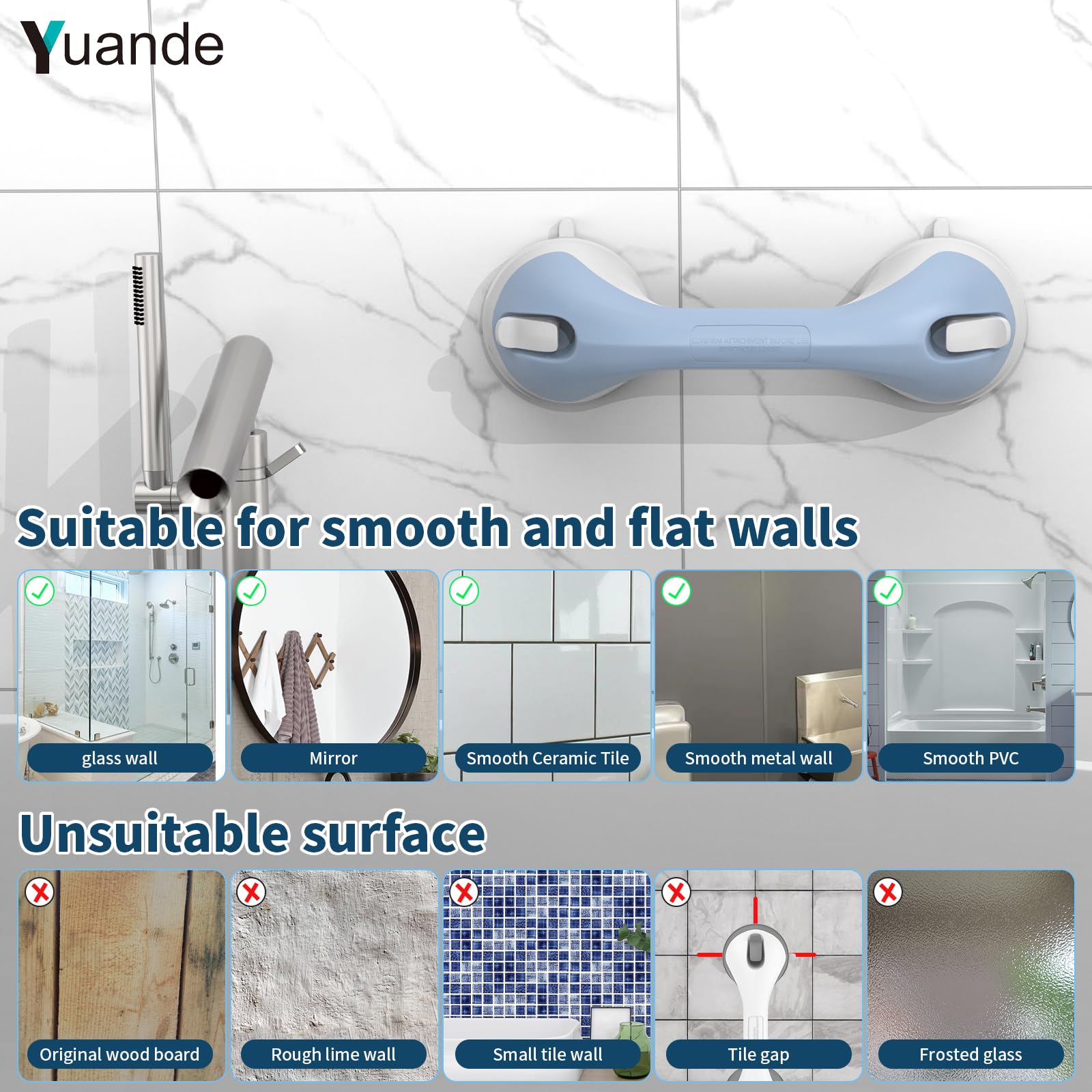 12 Inch 4 Pack Shower Grab Bar, YuanDe Suction Grab Bars for Bathtubs, Bathroom Safety Grip No Drilling Waterproof, Shower Handle Removable Shower Handrails for Seniors Elderly, (Blue&White