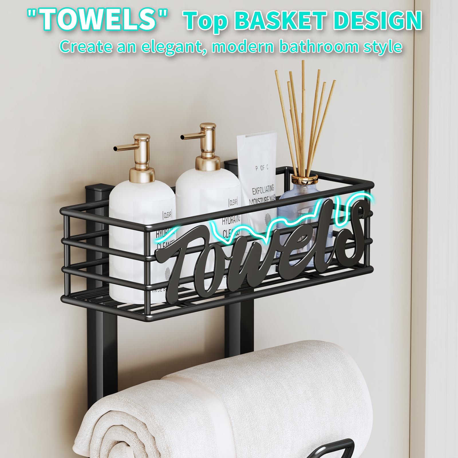 HapiRm Over Door Towel Rack - 6 Tier Over The Door Towel Racks for Bathroom, Wall Mount Towel Holder with Metal Shelf, Rolled Towel Organizer Door Hanging Towel Storage for Small Bathroom - Black