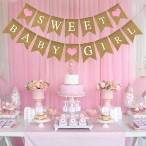 GCQQ Sweet Baby Girl Banner, Prestrung Baby Girl Burlap Banner, Rustic Girl Baby Shower Banner, Pink Sweet Baby Shower Decorations, Sweet Baby Girl Banner for Photo Decoration Props, Gender Reveal