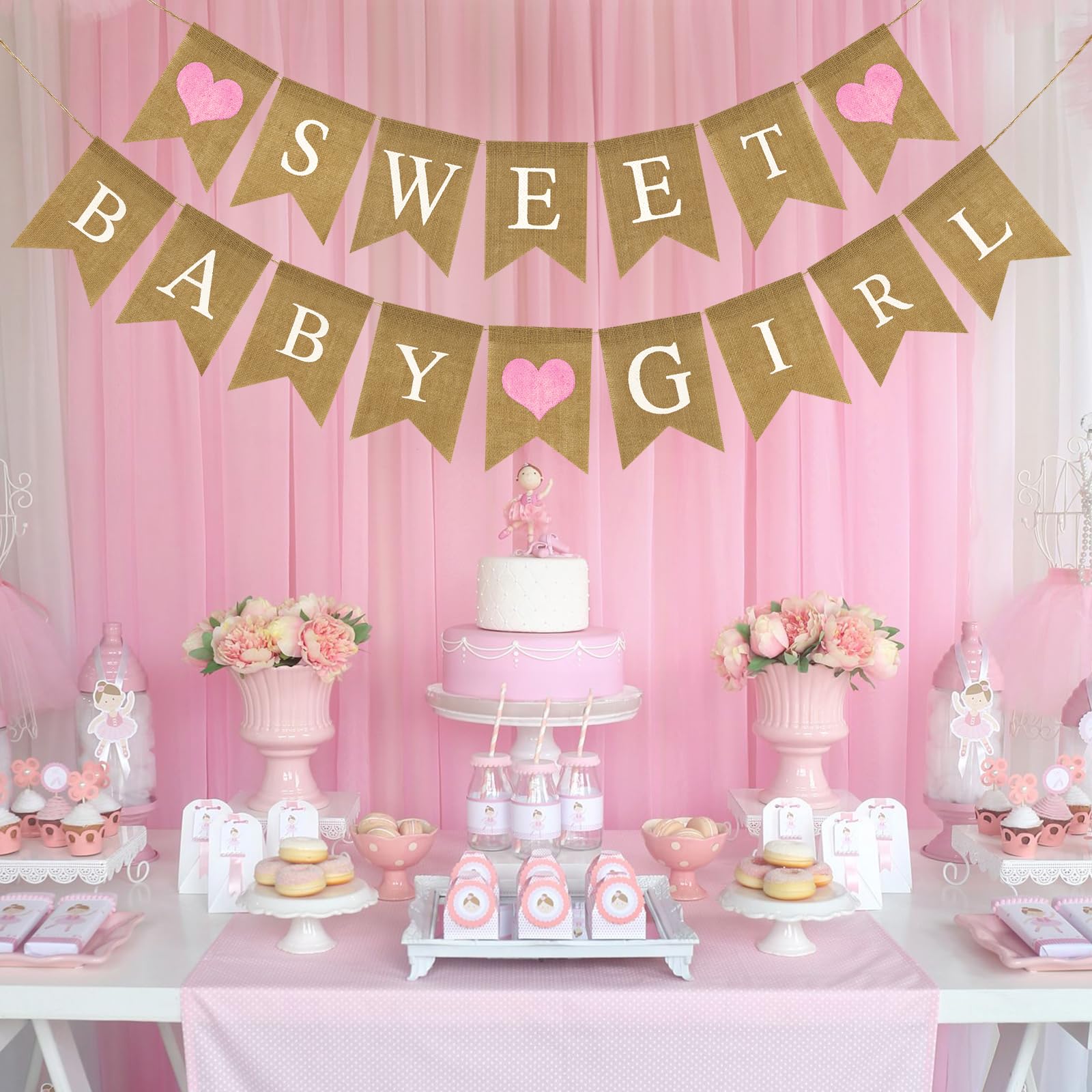 GCQQ Sweet Baby Girl Banner, Prestrung Baby Girl Burlap Banner, Rustic Girl Baby Shower Banner, Pink Sweet Baby Shower Decorations, Sweet Baby Girl Banner for Photo Decoration Props, Gender Reveal