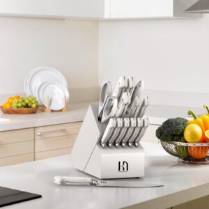 KnifeSaga Knife Block Set, 15 Pcs Kitchen Knife Set, Enduring Razor-Sharp Japanese High Carbon Stainless Steel Knife Set with Block, Premium Forged Knife Set for Kitchen and Professional Chefs, White