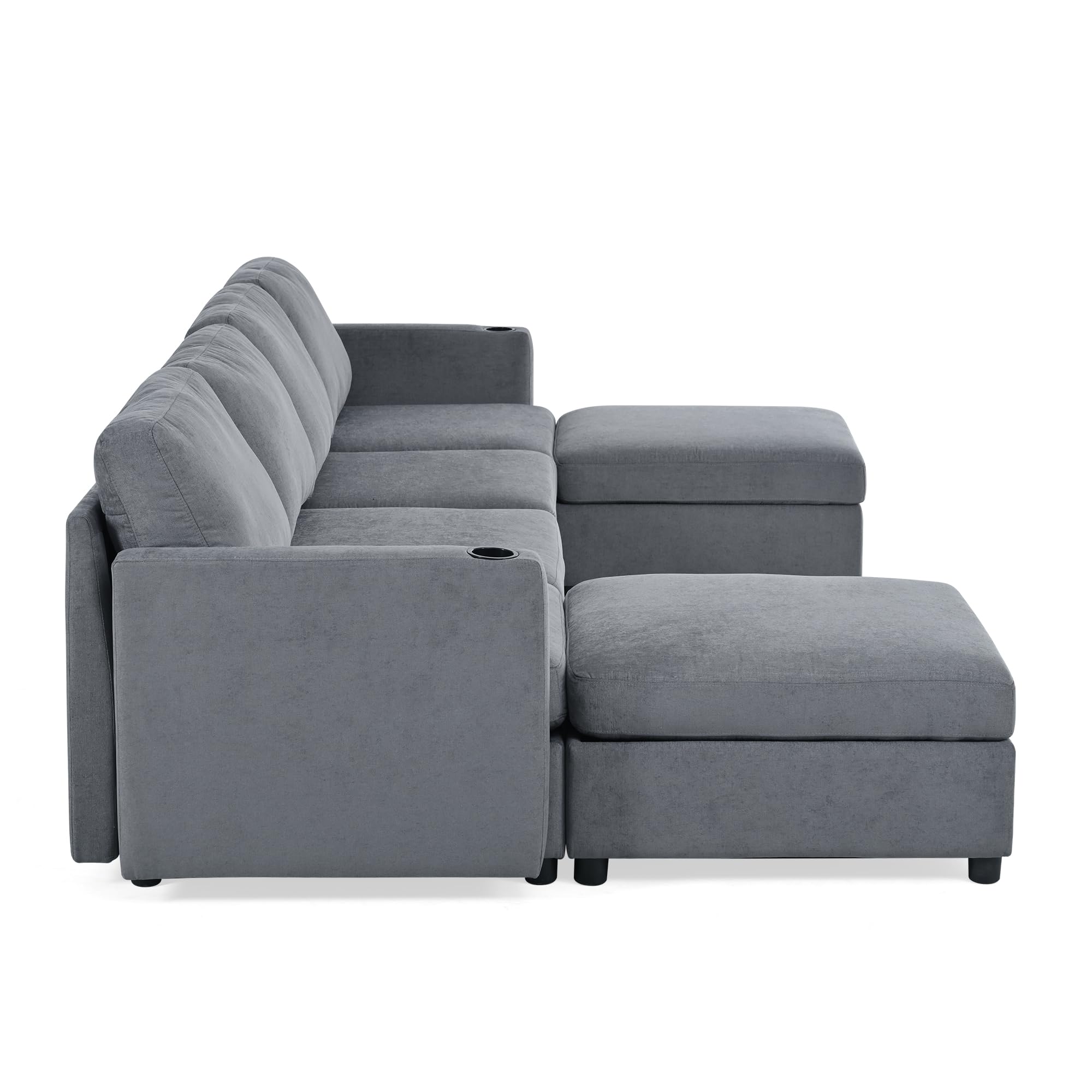 123.6" Oversized Chenille Upholstered Modular Storage Sectional Sofa Couch W/2 Movable Ottomans & Cupholders, U-Shaped Corner Free Combined Sofa&Couch Convertible Sleeper Sofabed for Living Room