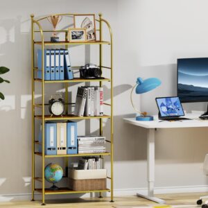 FRAPOW Folding Bookshelf No Assembly, 5 Tier Shelf Gold Collapsible Bookcase, Arched Metal Display Tall Book Shelf with Storage Shelves for Bedroom, Living Room, Home Office, Dorm