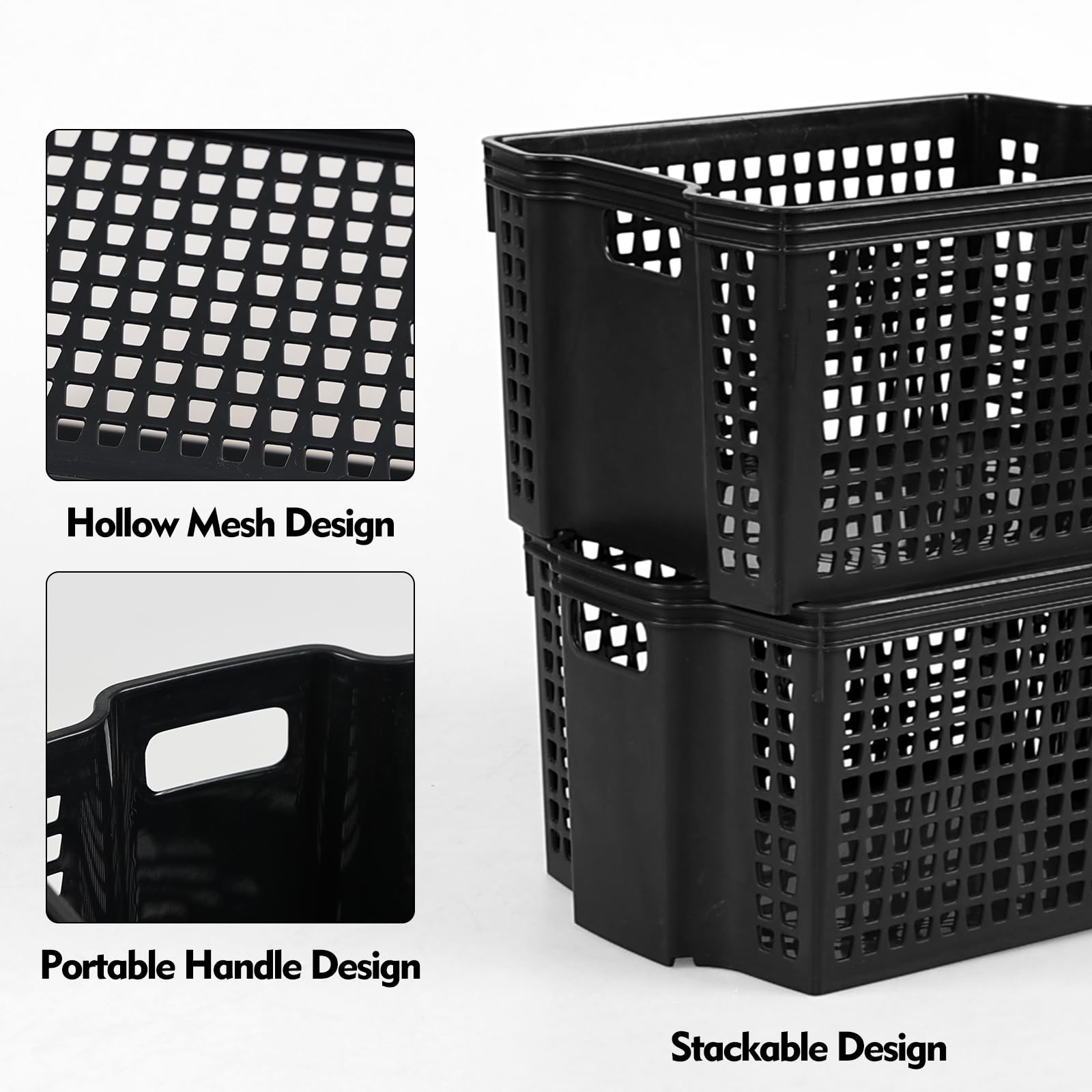 Anbers Plastic Stackable Storage Baskets, 6 Packs Small Stacking Basket Bins, Black