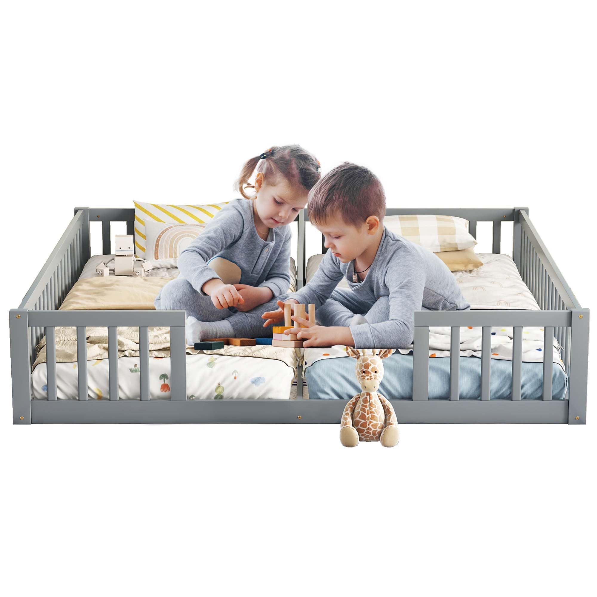 Luckiofvonne Floor Bed for 2 Kids, Montessori Bed Frame with Fence Railings, Wooden Double Twin Bed for Two Boys Girls, Box Spring Needed, Gray