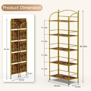 FRAPOW Folding Bookshelf No Assembly, 5 Tier Shelf Gold Collapsible Bookcase, Arched Metal Display Tall Book Shelf with Storage Shelves for Bedroom, Living Room, Home Office, Dorm