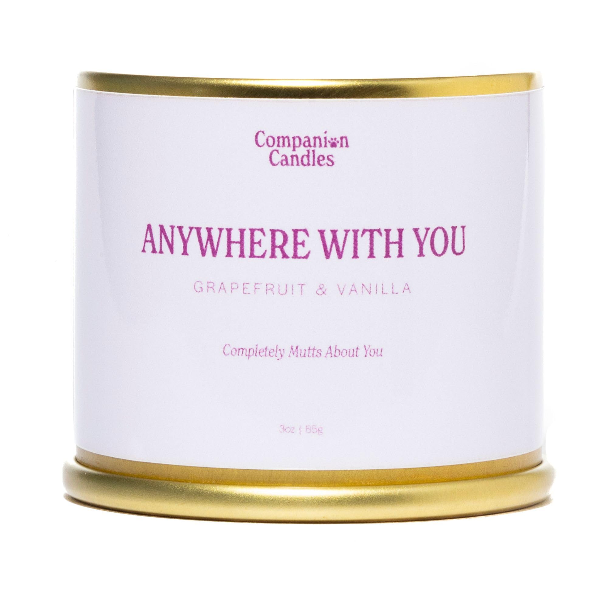 Companion Candles Pet Safe Wood Wick Candle - “Anywhere with You” Grapefruit & Vanilla, Coconut Soy Wax Scented, Over 50 Hr Burn Time, Non-Toxic, Women-Owned, Made in USA (3 oz.)