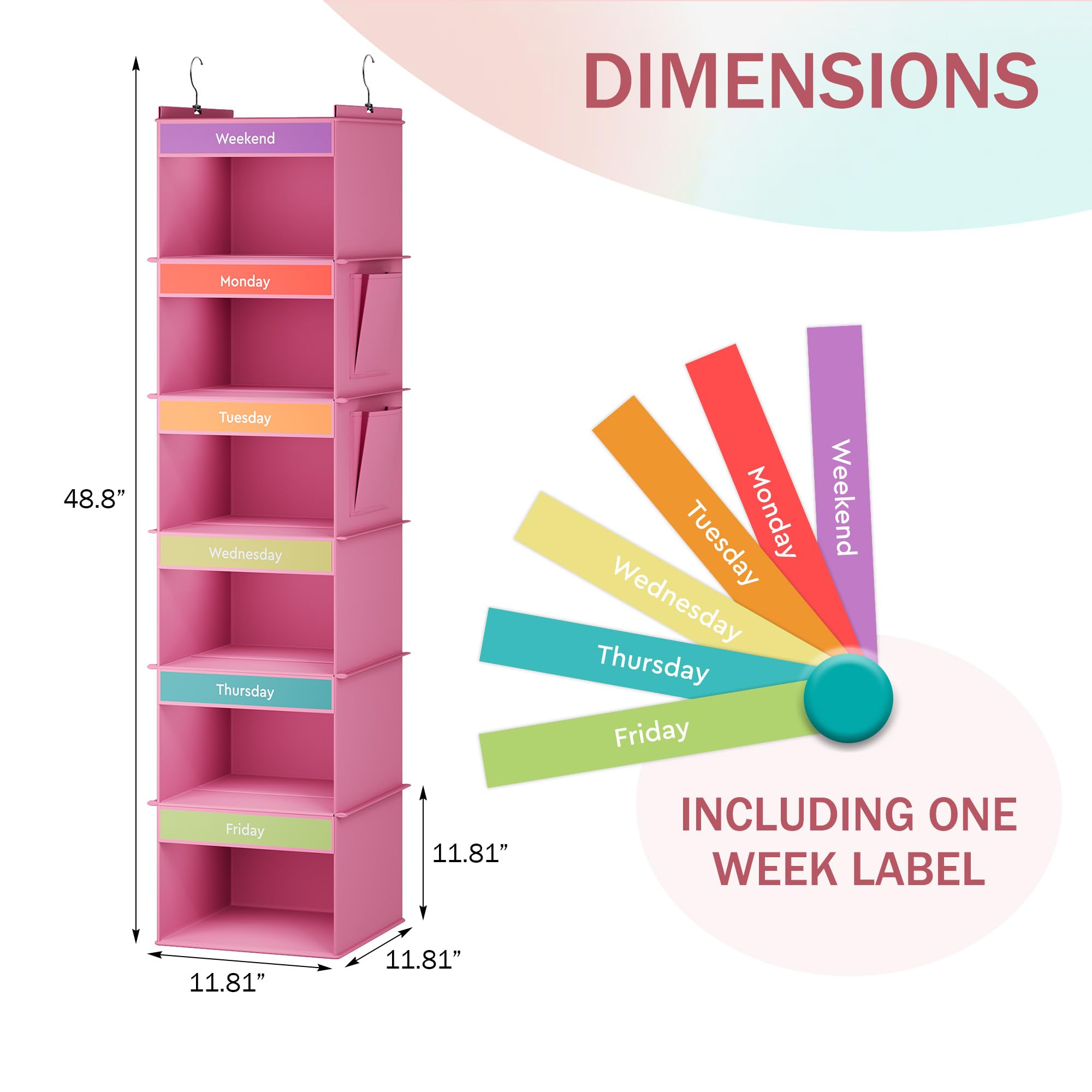 YOUDENOVA 6-Shelf Weekly Hanging Closet Organizer, Closet Organizers with 2 Side Pockets, Weekly Clothes Organizer for Kids, Pink