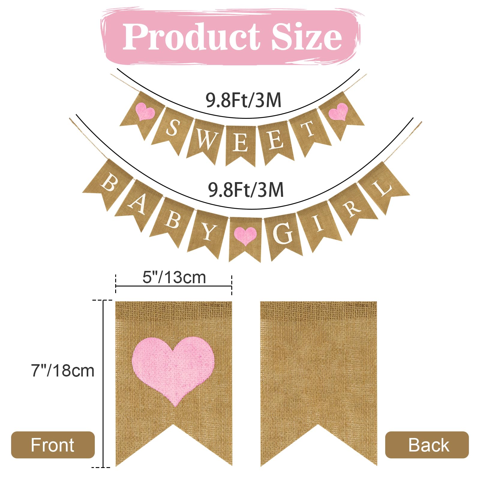 GCQQ Sweet Baby Girl Banner, Prestrung Baby Girl Burlap Banner, Rustic Girl Baby Shower Banner, Pink Sweet Baby Shower Decorations, Sweet Baby Girl Banner for Photo Decoration Props, Gender Reveal