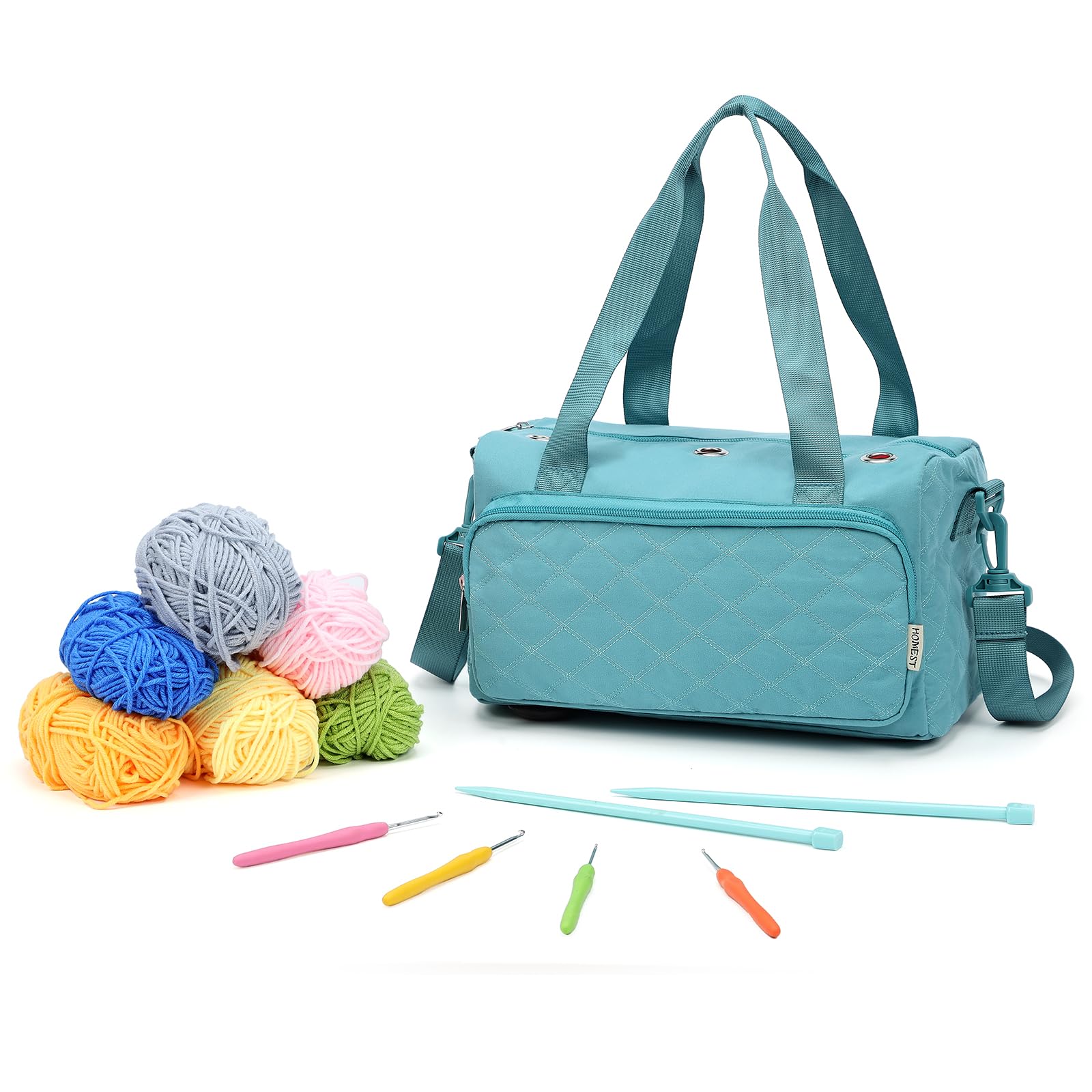 HOMEST Crochet Bag, Yarn Storage Organizer, Knitting Bag with Large Front Pocket for Crochet Hooks, Knitting Needles and Crochet Accessories, Turquoise